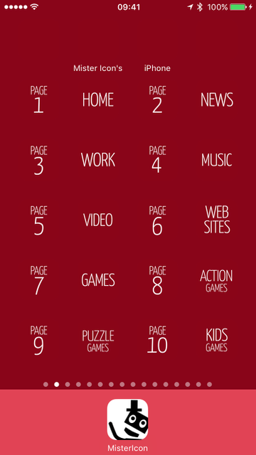 Mister Icon sample home screen page with red page number icons, acting like a contents page