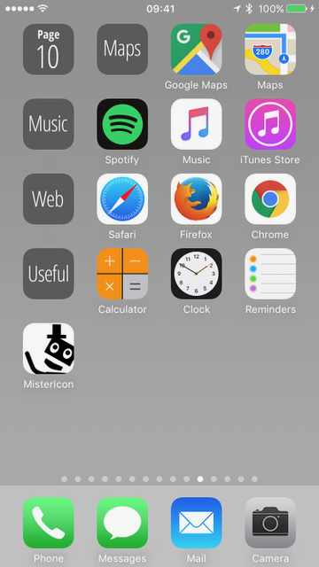Mister Icon sample home screen with multiple icon labels separating apps into rows