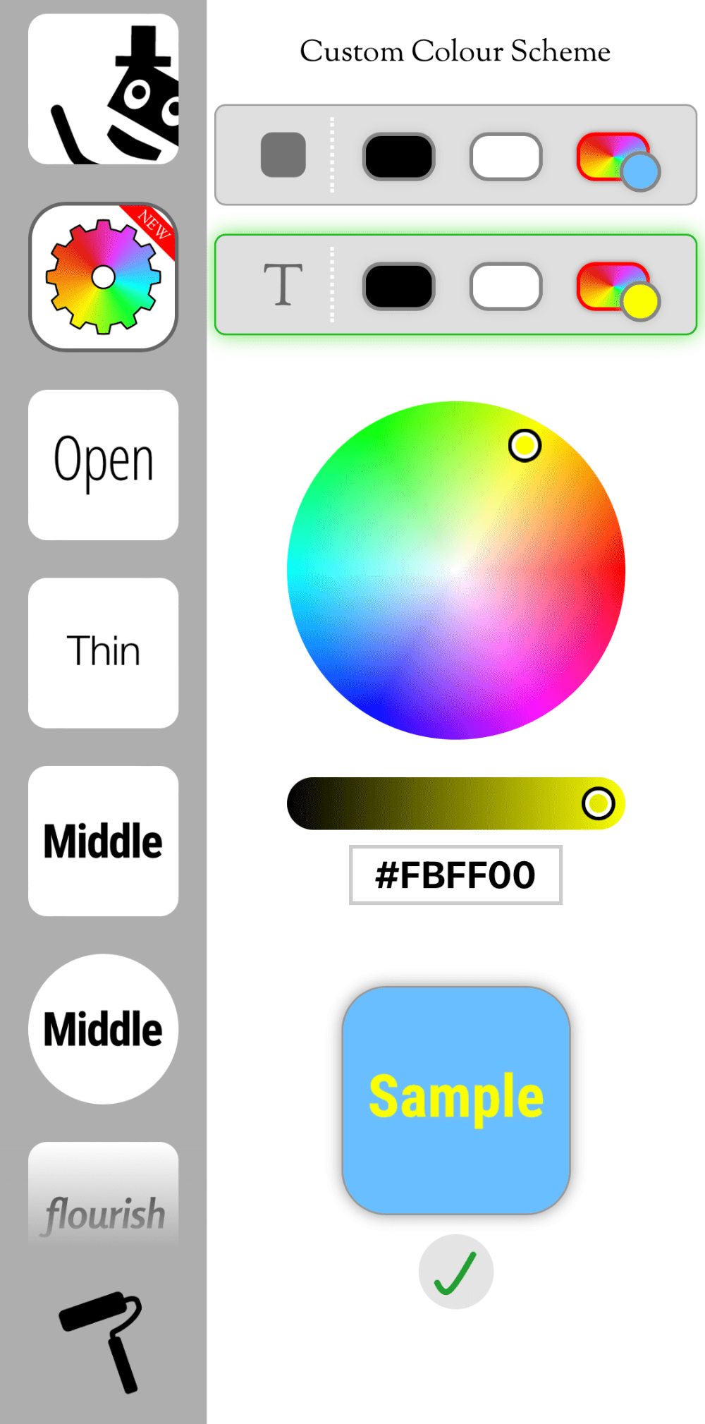 Customisable colour wheel and hexadecimal colour code in the Mister Icon app