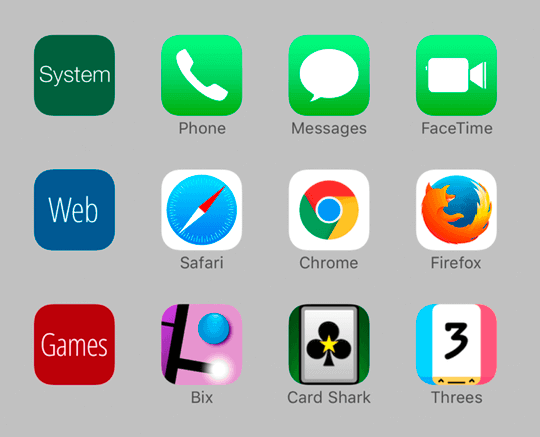 Sample System, Web and Games Mister Icons installed on a home screen to help distinguish between those different categories of apps